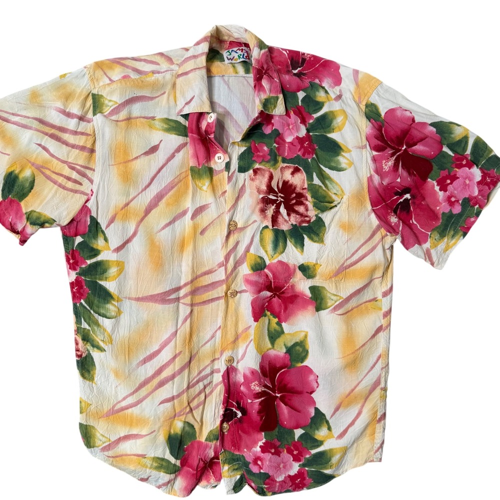 Vintage Jams World Floral Hawaiian Button Up Camp Shirt Size S Tropical Artsy